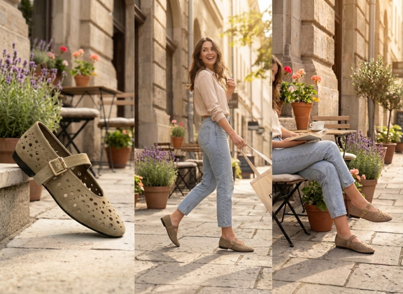 Baleriny beż 39 skóra FILIPPO 7875 skórzane beżowe na pasek zamsz półbuty