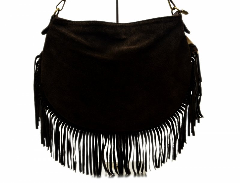 TOREBKA skóra brązowa listonoszka skórzana brąz frędzle zamsz damska GREGORIO