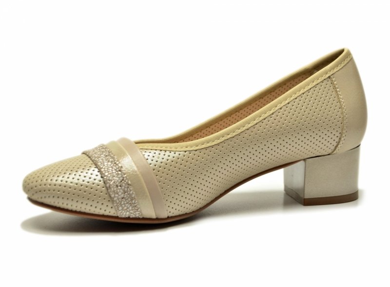 Czółenka 40 POTOCKI 12792 beżowe złote na obcasie beż ażurowane