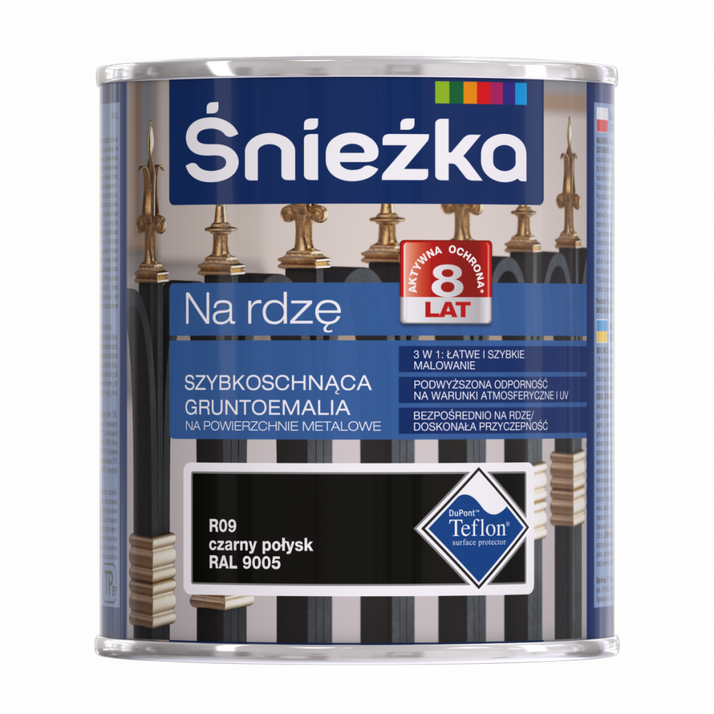 W Celu Ochrony Przedmiotów Stalowych Przed Korozją Można Stosować Czynne Śnieżka Na Rdzę 65L CZARNY POŁYSK R09 RAL9005 szybkoschnąca farba