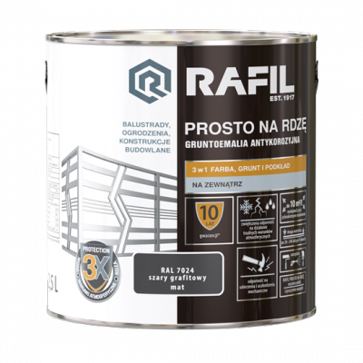 Rafil Na Rdzę 2,5L SZARY GRAFIT-OWY RAL7024 MAT farba szybkoschnąca szara antykorozyjna gruntoemalia do stali żeliwa
