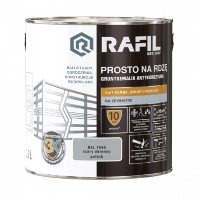 Rafil Na Rdzę 2,5L SZARY OKIENNY RAL7040 POŁYSK farba szybkoschnąca szara antykorozyjna gruntoemalia do stali żeliwa