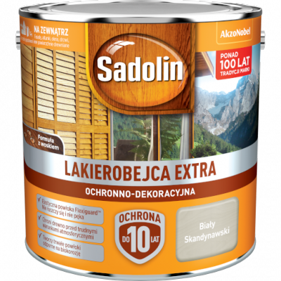 Sadolin Extra lakierobejca 2,5L BIAŁY SKANDYNAWSKI PÓŁMAT do drewna fasad domków okien drzwi