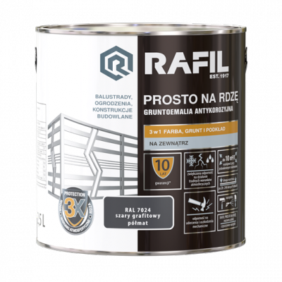 Rafil Na Rdzę 2,5L SZARY GRAFIT-OWY RAL7024 PÓŁMAT farba szybkoschnąca antykorozyjna gruntoemalia do stali żeliwa