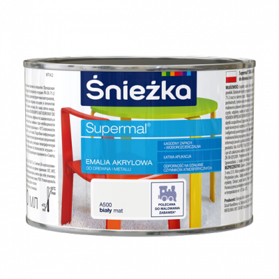 Śnieżka Emalia Akrylowa 0,4L BIAŁY A500 MAT Biała Farba Supermal wodna szybkoschnąca