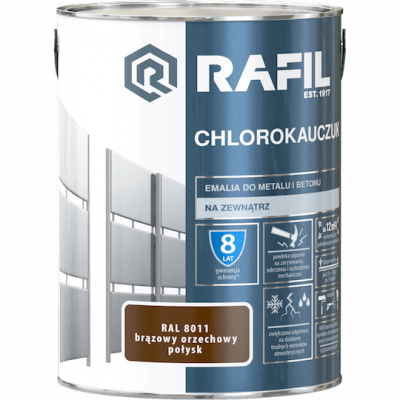 Rafil Chlorokauczuk 5L BRĄZ-OWY Orzech-owy RAL8011 brązowa farba metalu betonu emalia chlorokauczukowa 