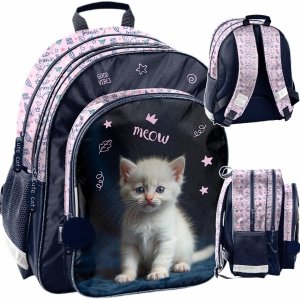 KOTEK PLECAK SZKOLNY Z KOTKIEM DLA DZIEWCZYNEK DO 1 KLASY PODSTAWÓWKI CATS