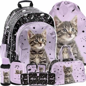 PLECAK Z KOTKIEM SZKOLNY DLA DZIEWCZYNY DO 1 KLASY ZESTAW 6w1 KOTEK PASO