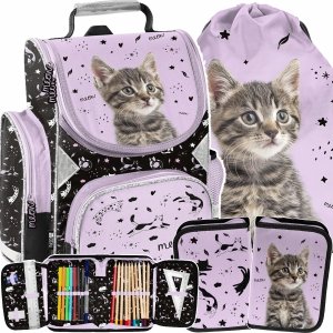 KOT DZIEWCZĘCY TORNISTER SZKOLNY Z KOTKIEM DO 1 KLASY KOTEK KOMPLET 3 elem.