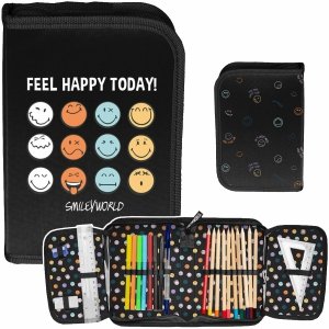 PIÓRNIK SMILEY Z WYPOSAŻENIEM BUŻKI SZKOLNY DLA UCZNIÓW EMOTIKONY EMOTKI