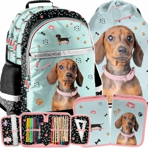 PLECAK PIESEK SZKOLNY POJEMNY DO 1-3 KLASY KOMPLET 3el DLA DZIEWCZYNKI PIES