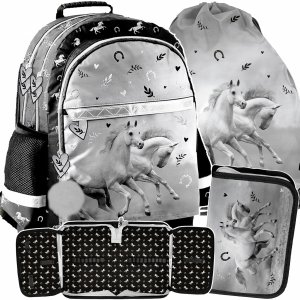 KOMPLET 3w1 KOŃ PLECAK SZKOLNY DLA UCZENNIC DO KLAS 1-4 Z KONIEM HORSE