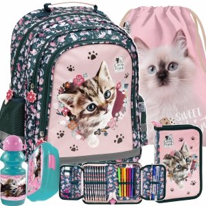 Dziewczęcy Plecak Szkolny Kotki do Podstawówki komplet 5w1 z Kotkiem