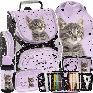 TORNISTER KOT DZIEWCZĘCY SZKOLNY Z KOTEM DO 1 KLASY KOTEK KOMPLET 5w1 CATS