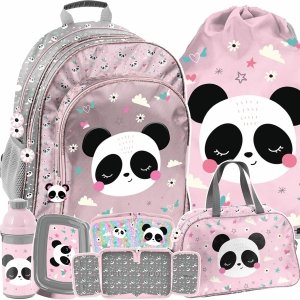 PLECAK SZKOLNY MIŚ PANDA DLA DZIEWCZYNEK DO 1 KLASY KOMPLET 6w1 z PANDĄ