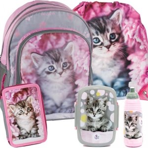 Plecak Szkolny Kot z Kotkiem dla Dziewczynki Różowy Zestaw  [RAM-090]