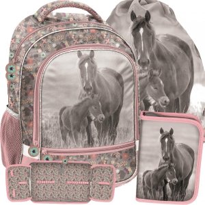 Konie Plecak Szkolny dla Dziewczynki Szary Różowy Zestaw [PP20KO-260]