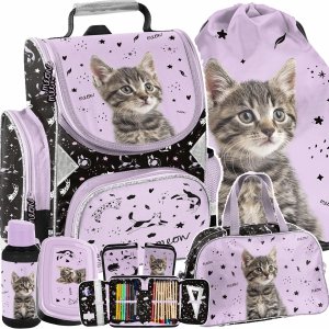 KOMPLET 6w1 TORNISTER SZKOLNY KOT DZIEWCZĘCY Z KOTEM DO 1 KLASY KOTEK CATS