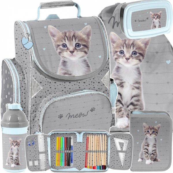 KOTY TORNISTER SZKOLNY ZESTAW 5w1 Z KOTKIEM DO KLAS 1-4 DO PODSTAWÓWKI