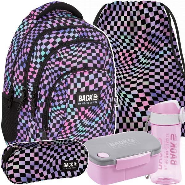 PLECAK BACKUP SZKOLNY MŁODZIEŻOWY DZIEWCZĘCY SZACHOWNICA CRAZY ZESTAW 5ele