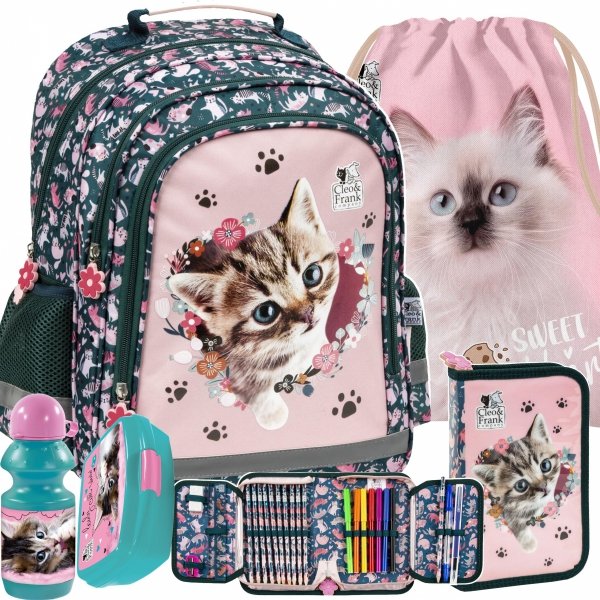 Dziewczęcy Plecak Szkolny Kotki do Podstawówki komplet 5w1 z Kotkiem