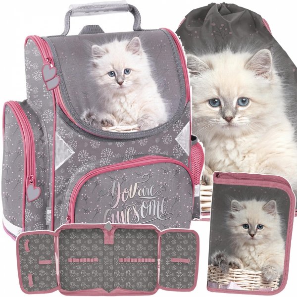 TORNISTER SZKOLNY KOTY DLA DZIEWCZYNEK DO KLAS 1-4 Z KOTKIEM ZESTAW 3w1