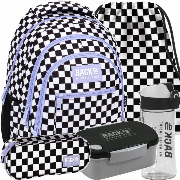 PLECAK KOMPLET 5w1 MŁODZIEŻOWY BACKUP SZKOLNY SZACHOWNICA KRATKA FIOLET