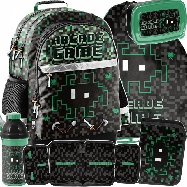KOMPLET 5w1 GAMER PLECAK DLA CHŁOPAKA SZKOLNY PIKSELE GAMING GRA PIKSELE