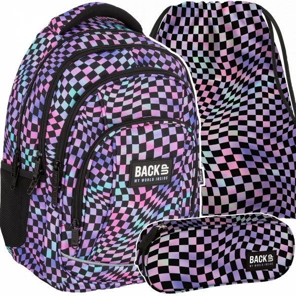 KOMPLET 3el PLECAK BACKUP SZKOLNY MŁODZIEŻOWY DZIEWCZĘCY SZACHOWNICA CRAZY