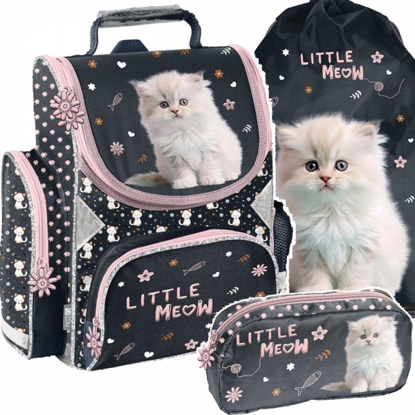 TORNISTER ZESTAW 3el DZIEWCZĘCY SZKOLNY Z KOTKIEM DO 1 KLASY KOTEK CATS