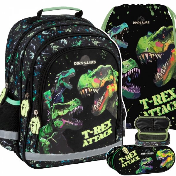 PLECAK DINOZAURY SZKOLNY DO 1 KLASY KOMPLET 3el TORNISTER TYRANOZAUR T-REX