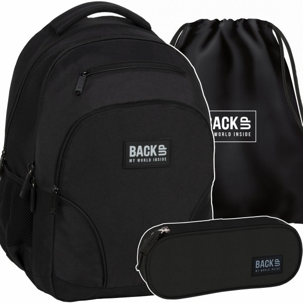 ZESTAW 3w1 BACKUP CZARNY PLECAK DUŻY SZKOLNY MŁODZIEŻOWY 3 KOMOROWY