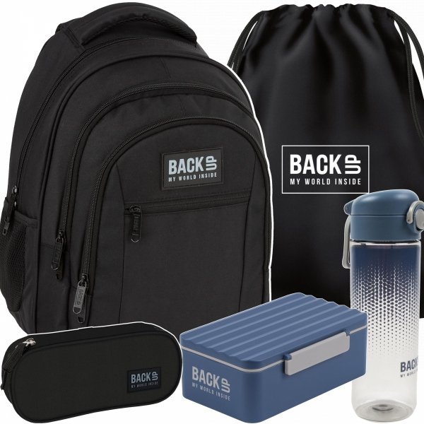 CZARNY PLECAK MŁODZIEŻOWY BACKUP SZKOLNY DERFORM 4 komorowy ZESTAW 5w1