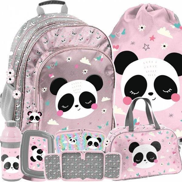 PLECAK SZKOLNY MIŚ PANDA DLA DZIEWCZYNEK DO 1 KLASY KOMPLET 6w1 z PANDĄ