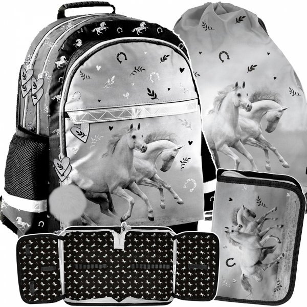 KOMPLET 3w1 KOŃ PLECAK SZKOLNY DLA UCZENNIC DO KLAS 1-4 Z KONIEM HORSE