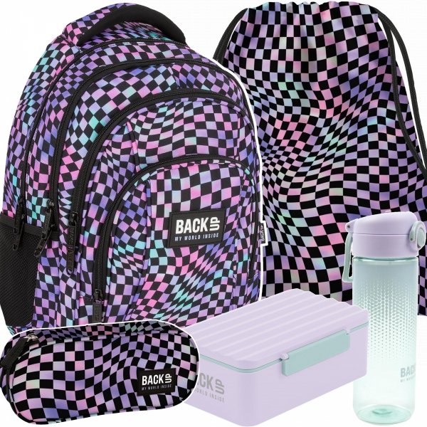 PLECAK SZKOLNY MŁODZIEŻOWY BACKUP DLA DZIEWCZYNY SZACHOWNICA ZESTAW 5w1