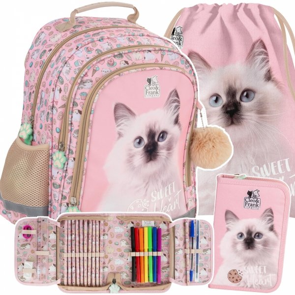 PLECAK Z KOTKAMI DLA UCZENNIC SZKOLNY ZESTAW 3w1 DO 1 KLASY TORNISTER CATS