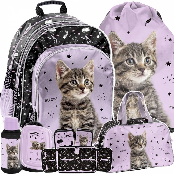 PLECAK Z KOTKIEM SZKOLNY DLA DZIEWCZYNY DO 1 KLASY ZESTAW 6w1 KOTEK PASO