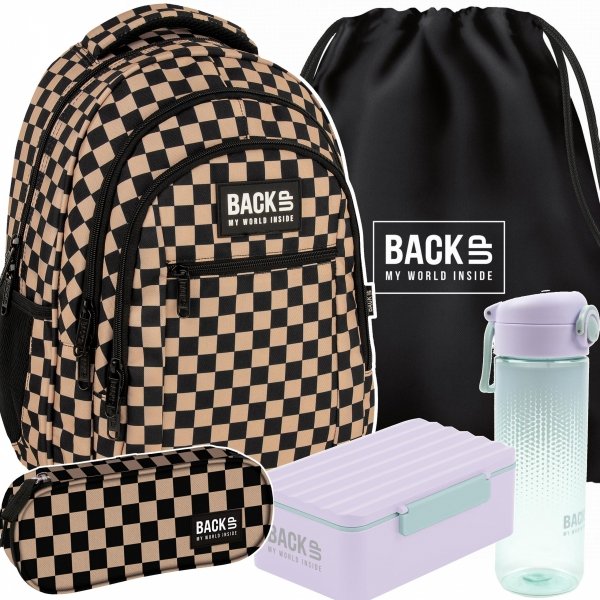 MŁODZIEŻOWY SZKOLNY PLECAK BACKUP KOMPLET 5 elem. SZACHOWNICA BEŻOWA KRATA