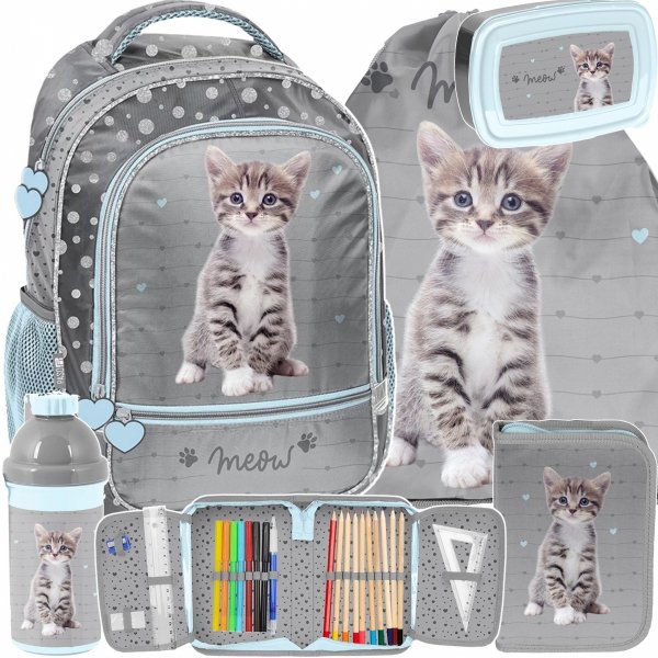 KOMPLET 5w1 KOTY PLECAK SZKOLNY DO PODSTAWÓWKI KOTEK DO 1 KLASY DZIEWCZĘCY