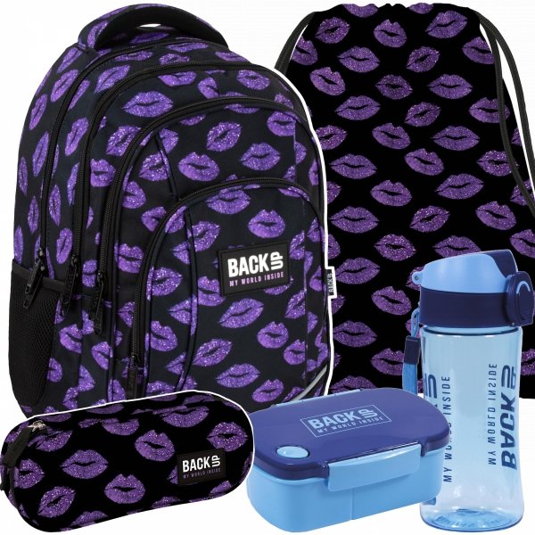 BACKUP PLECAK SZKOLNY MŁODZIEŻOWY DZIEWCZĘCY GLITTER KISS ZESTAW 5 ele