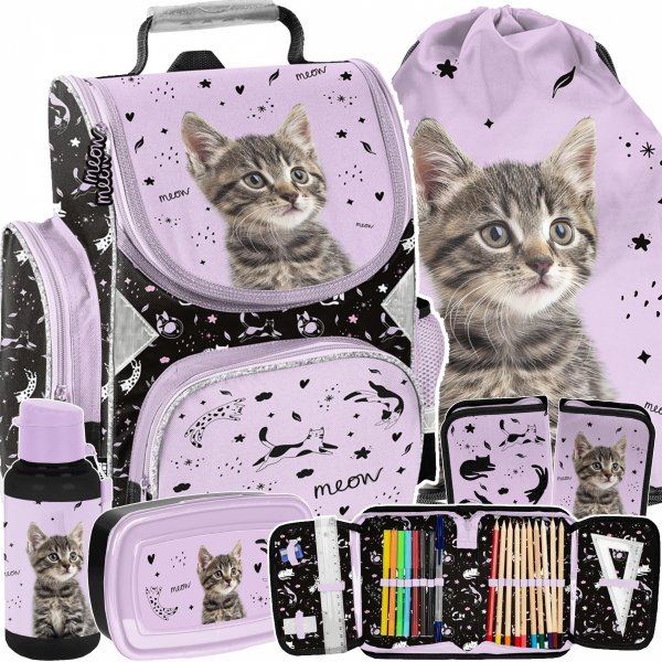 TORNISTER KOT DZIEWCZĘCY SZKOLNY Z KOTEM DO 1 KLASY KOTEK KOMPLET 5w1 CATS