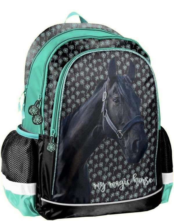 Mocny Plecak Szkolny Czarny Koń dla Dziewczynki Konie Komplet [PP19KN-081]