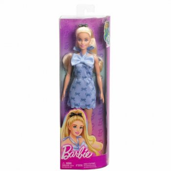 Barbie Lalka Fashionistas Blondynka w niebieskiej sukience z kokardkami HYT93 MATTEL