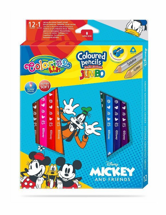 Kredki ołówkowe trójkątne JUMBO 12 sztuk 13 kolorów + temperówka Colorino Kids Mickey