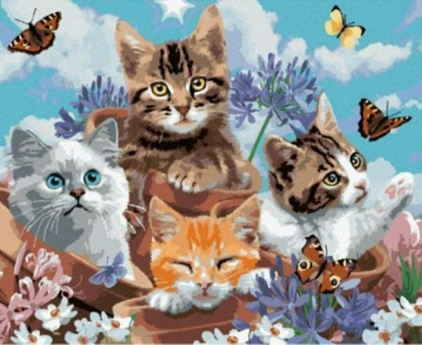 PROMO Malowanie po numerach Kotki siedzące w butach i motylki 40x50cm 6374