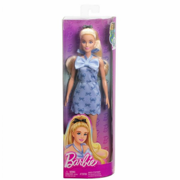 Barbie Lalka Fashionistas Blondynka w niebieskiej sukience z kokardkami HYT93 MATTEL