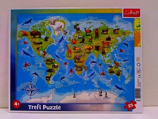 TREFL PUZZLE Ramkowe 25 Mapa świata ze zwierzętami 31340