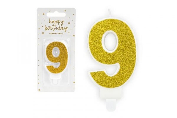 PARTYDECO Świeczka urodz.Cyferka 9 złoty7cm 48385
