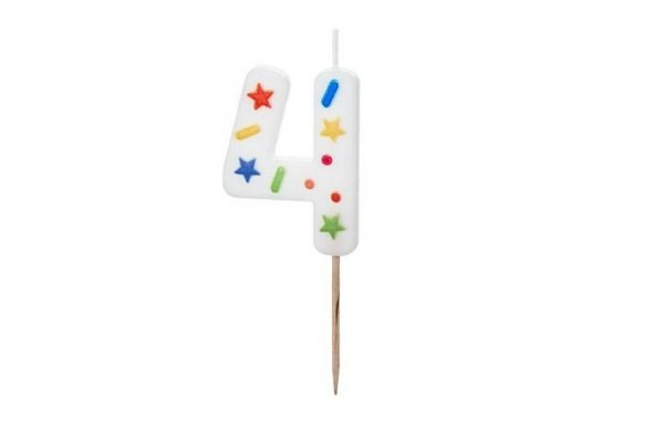 PARTYDECO Świeczka urodz.Cyfra 4 biała konfetti 5,5cm 40090